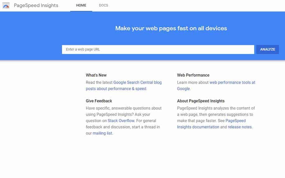 the homepage for Google's tool pagespeed insights