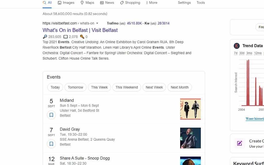 a shot of events that are on in belfast at google results page