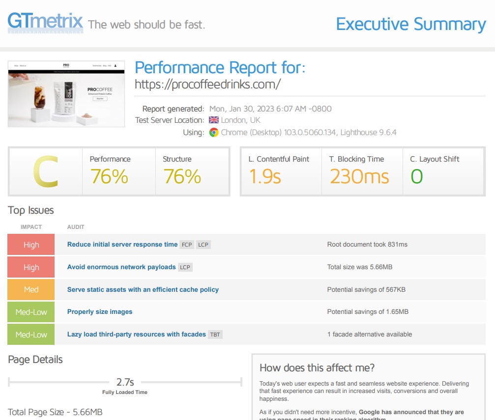 ProCoffee - GTMetrix Report Before