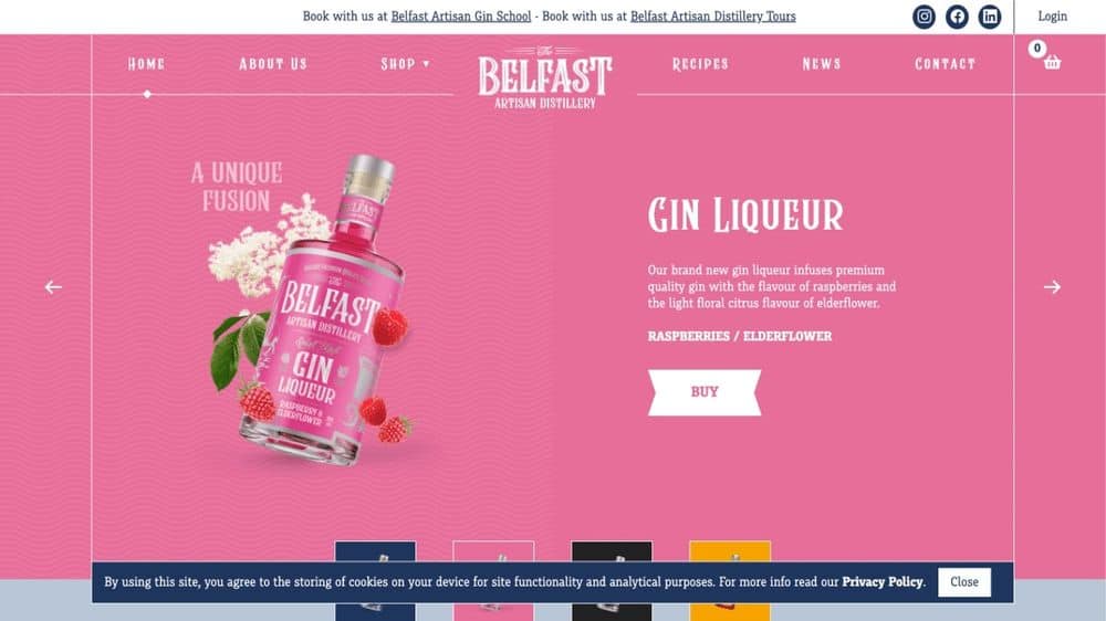 Screenshot of a bespoke website and graphic design for independent gin distillery