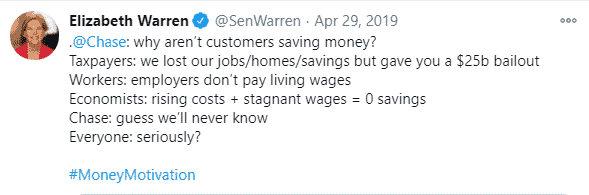 Elizabeth Warren's response to Chase's tweet from 29/04/2019.