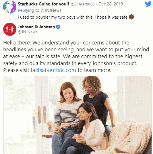 Johnson and Johnson's response tweet to the ingredients of baby powder being questioned.